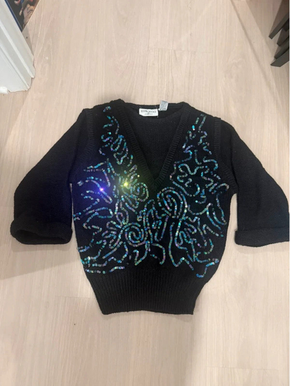 Vintage 80s Bonnie Boerer Black Iridescent Sequin Sweater Size L